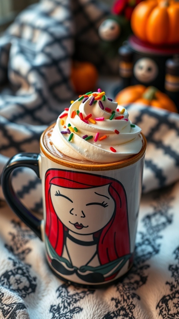 Sally mug from Nightmare Before Christmas filled with hot chocolate and whipped cream, surrounded by Halloween decorations.